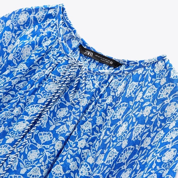 ZARA Blue/White BOHO FLORAL dotted MESH PRINTED MIDI DRESS sz XL - Picture 3 of 4
